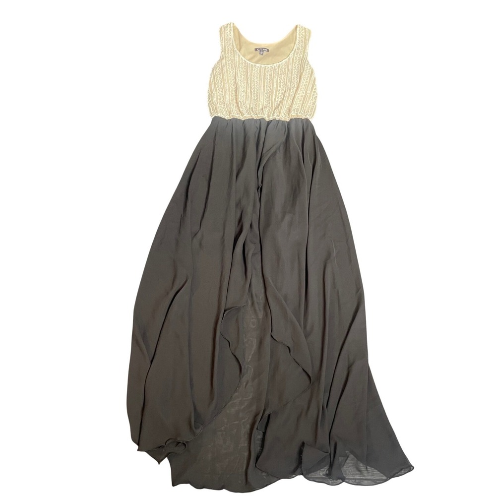 As U Wish Beaded Sequin High-Low Maxi Dress Tan Black Size 3 Sheer Lined‎